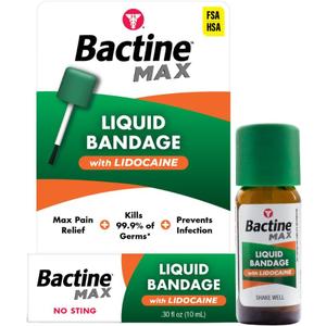 Bactine MAX Liquid Bandage with Lidocaine, Wound Cleaning Solution That Kills 99% of Germs, Covers and Protects Skin, Fast-Drying Protective Seal, 0.30 fl oz