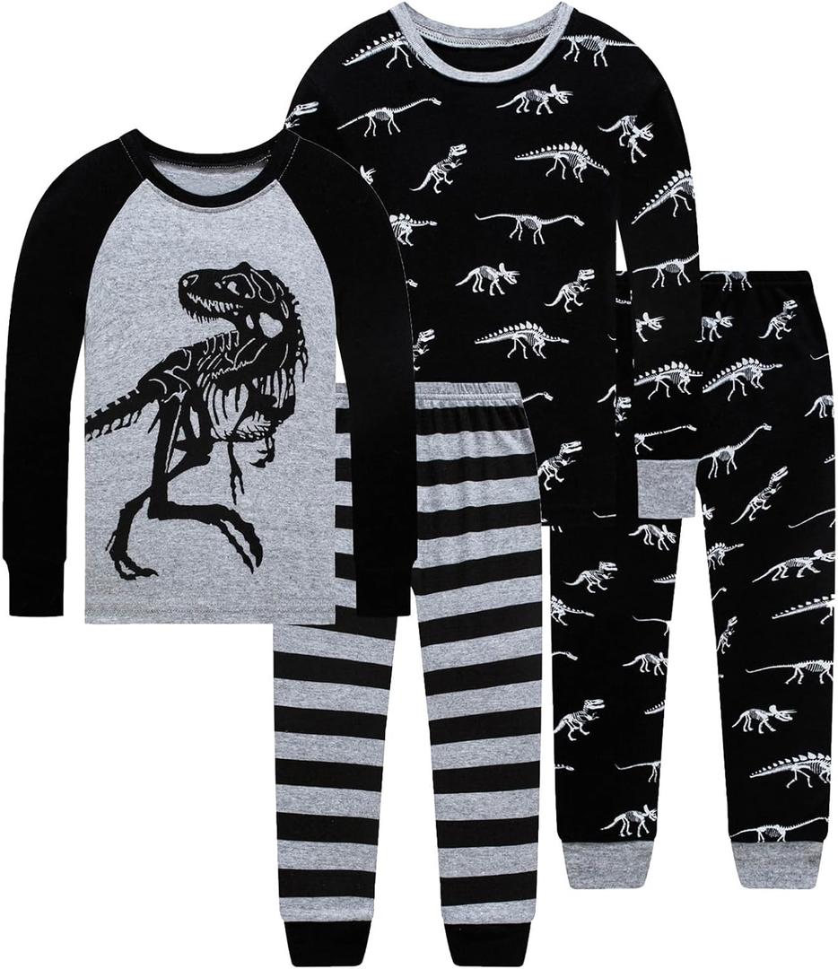 4 Pieces Boys Pajamas Toddler Boys Long Sleeve Cotton Pjs Kids Sleepwear Sets 24 Months-12 Years (5T, Black&Grey)