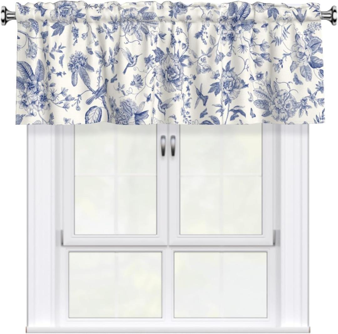 Giwawa Chinoiserie Flowers Curtain Valance Blue Leaves Rod Pocket Window Treatment Valances 54" x 18" Blackout Curtain for Kitchen Bedroom, 1 Panel