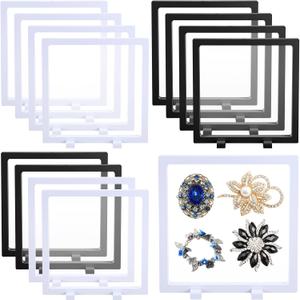 Harloon 12 Pcs 3D Floating Display Case Floating Frame Display Holder Stand Challenge Coin Jewelry Frame Box for AA Medallions Fossil Rock Gemstones Specimen(Black White,7 x 7 x 0.8 Inch, Square Base)