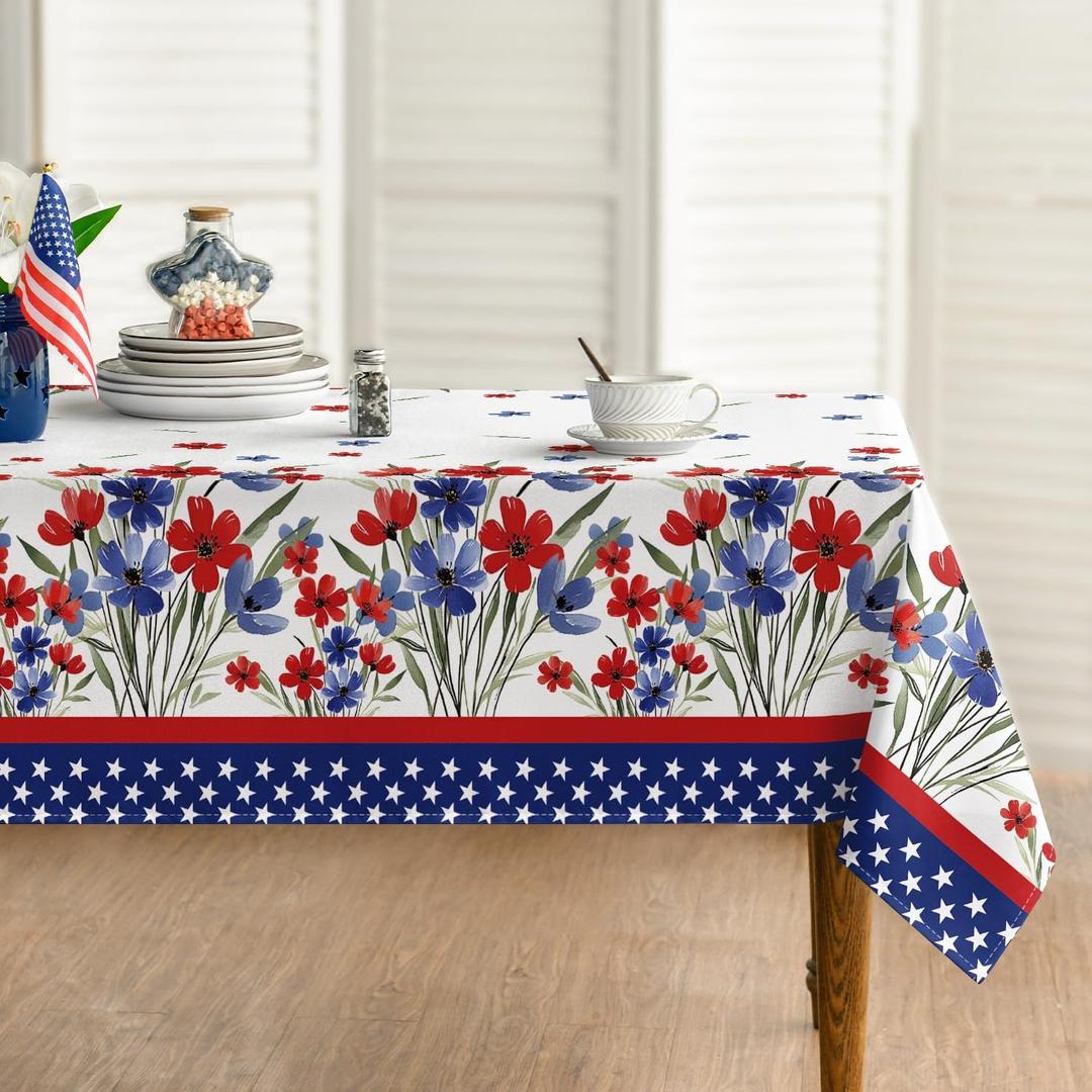 Horaldaily 4th of July Tablecloth 60x84 Inch, Patriotic Watercolor Poppy Flowers Independence Day Memorial Day Table Cover for Party Picnic Dinner Decor (Red/Blue)
