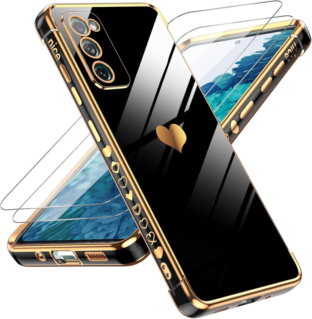 LeYi for Samsung Galaxy S20 FE 5G Case: with Screen Protector [2 Pcs]+ Full Camera Protection, Love Heart Plating Girly Women Cute Luxury Soft TPU Case for S20 FE, Black (S20 FE 6.5")