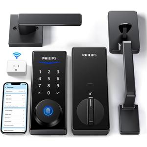 Philips Wi-Fi Smart Lock with Handle, Keyless Entry Keypad Door Lock with Handle, Front Door Deadbolt Set with WiFi Gateway, App Control, Fingerprint Unlock, PIN Code Unlock, Auto Locking (Matte Black)