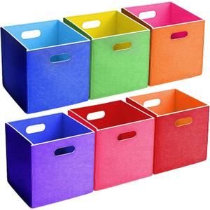 AceOrbit 6 Pcs 11 Inch Colorful Felt Storage Cubes with Handle, Collapsible Fabric Storage Cubes Bins Foldable Baskets for Playroom, Bedroom, Books, Clothes(Rainbow)