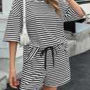 Fisoew Womens Striped 2 Piece Outfits Sweatsuits 3/4 Sleeve Oversized Tops High Waisted Shorts Casual Lounge Sets (S)