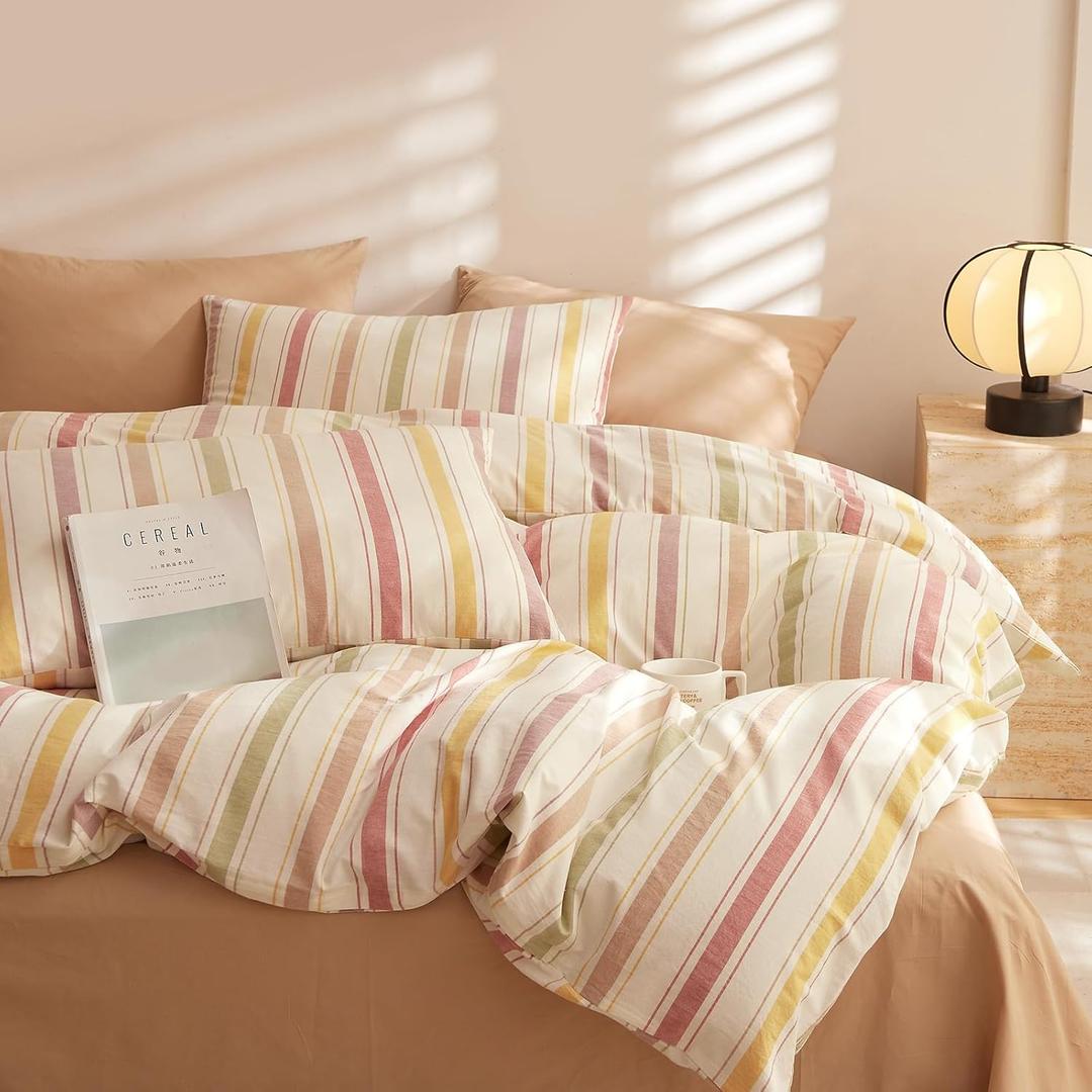 mixinni Vintage Striped Duvet Cover Set Twin, 3-Piece Washed Cotton Bedding Set - Soft, Breathable & Colorful Marble Stripe Pattern, All-Season Comforter Cover with Zipper-Twin Size