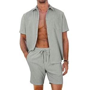 Dokotoo Men Men Linen Sets Outfits Summer 2 Piece Wedding Old Money Clothes Cuban Button Down Short Sleeve Shirts Set Casual Loose Shorts Vacation Outfit for Men Green X-Large