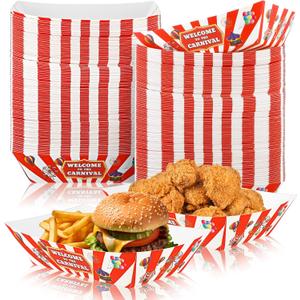 Tenceur 100 Pcs Carnival Paper Food Trays 2lb Carnival Decorations Red and White Stripe Nacho Bowls Hot Dog Boats Food Containers Disposable Plates for Circus Theme Birthday Parties