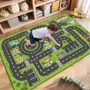 Road Rug for Kids, 2'7" x 3'11", Toy Car Play Rug Mat Carpet with Construction Town Style in Playroom Children Bedroom, Educational City Rugs for Boys Aged 3-12 Years Old (Green)
