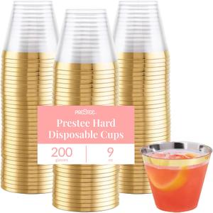 Prestee Hard Disposable Cups - Heavy Duty Fancy Plastic Cups - Plastic Cocktail Drinkware - Disposable Drinking Cup 9 oz - Bulk Drinking Glasses for Wedding - 200ct Gold Tumblers (200 Count (Pack of 1))