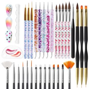 Artdone Nail Dotting Tools 32PCS Double-ended Nail Art Brushes Kit Nail Art Gel Polish Liner Brushes Design Pen For Nail Drawing And Nail Paint Brushes Small Detail Brushes