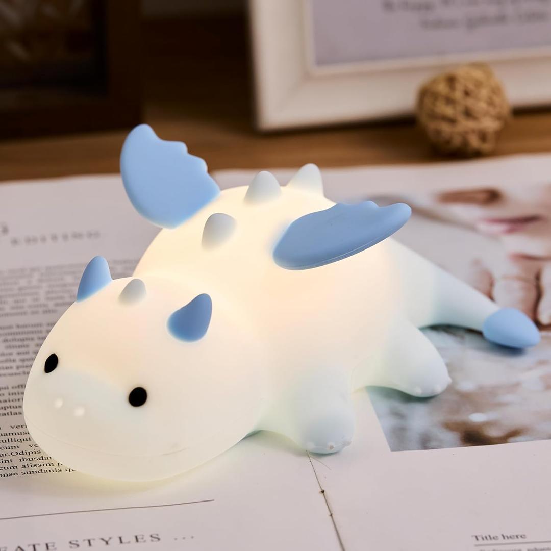 Cute Baby Dragon Kids Night Light for Kids,Cute Soft Silicone Lamp 3 Level Dimmable Changing Rechargeable Breastfeeding Nursery Portable Kawaii Lamps,Bedside Lamp for Baby and Toddler,Boy GirlsBlue