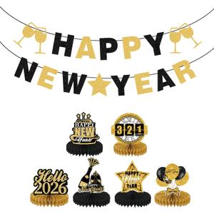 New Year Decorations 2026  Black & Gold Happy New Year Banner with Honeycomb Centerpieces, Glitter NYE Party Decoration Set for Home, Office & New Years Eve Celebrations
