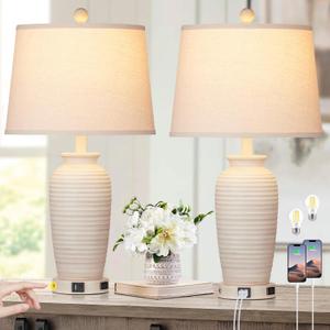 24.3" Farmhouse Jar Table Lamps Set of 2, 3 Way Touch Control Rustic Bedside Lamps with USB A+C Ports & AC Outlet, Pot Nightstand Lamps for Bedroom Living Room (LED Bulbs Included), Cream