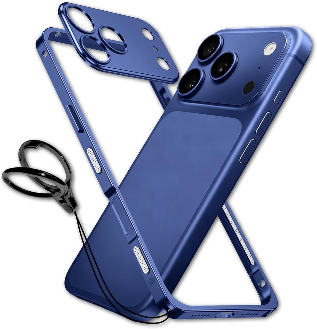 chubbycable ChubbyArmor LiteGo - Ultra-Thin Metal Heat Dissipation Evolved Case with Lens Protector & GripRing Phone Stand for iPhone 17 Pro Max, Dark Blue