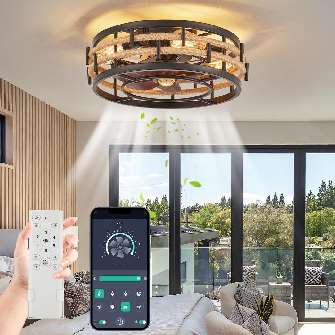 18" Caged Ceiling Fan with Lights Remote Control, Rustic Flush Mount Ceiling Fan with Reversible Motor, 6 Speeds Farmhouse Boho Low Profile Ceiling Fans for Bedroom Kitchen