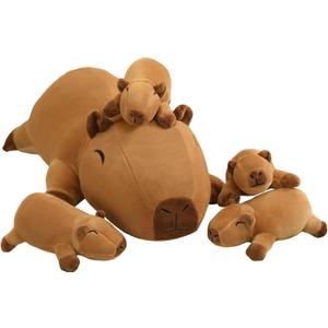 Capybara Plush Cute Capybara Stuffed Animal Pillow with 4 Baby Plushies in Her Tummy, Soft Cotton Stuffed Animals Toy Gifts for Kids