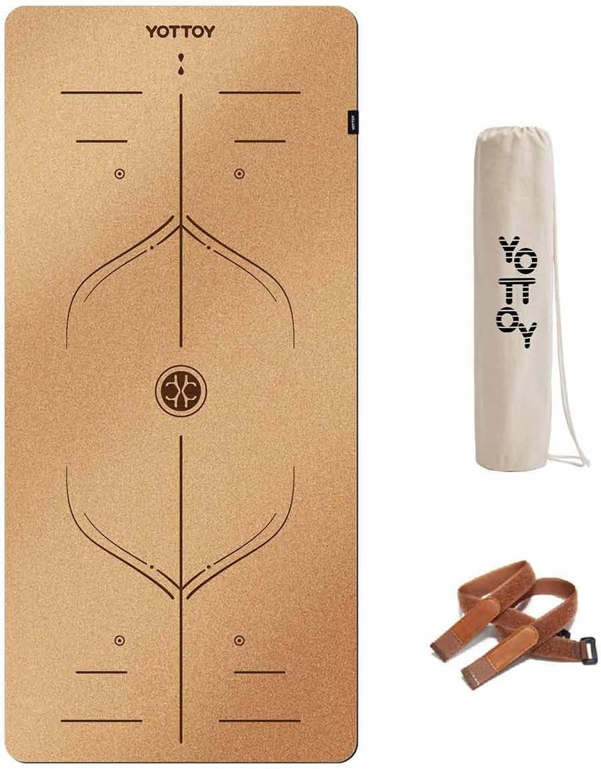 YOTTOY Yoga Mat,Non-Slip Hot Yoga Mat with Anti-Tear Design and Friendly Natural Rubber Mat with Strap and Bag (Cork Alignment Marks)