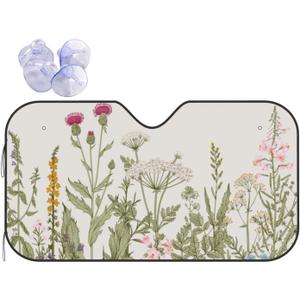 Pevtufa Herbs and Wildflowers Car Windshield Sun Shade with Storage Pouch,Foldable Sun Shield for Heat