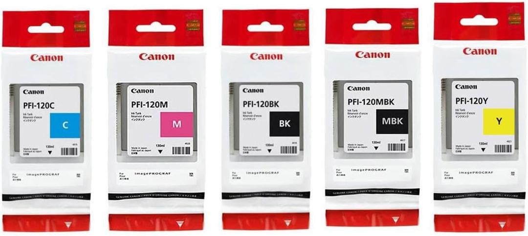 Canon PFI120 Pigment Ink Tank Bundle (Matte Black, Cyan, Magenta, Yellow, Black) in Retail Packaging