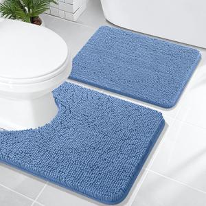 OLANLY Bathroom Rugs Sets 2 Piece, Soft Absorbent Chenille Bath Mats and U-Shaped Contour Toilet Rug Set, Machine Washable Bath Carpet, Home Decor Accessories(24"x16"+24"x20", Cornflower Blue)