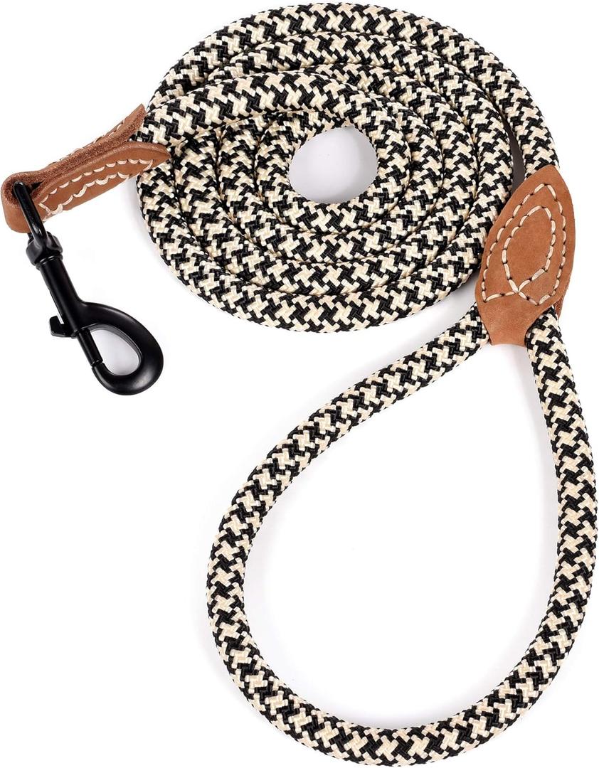 Mile High Life Rope Leash with Genuine Leather Connection, 6 FT/5 FT/4 FT, Heavy Duty Leash for Medium & Large Dogs (Black Khaki, 48 Inch)