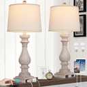 29" Tall Table Lamp for Living Room Set of 2,Vintage Bedside Nightstand Lamps with USB C+A Ports & AC Outlet,3-Way Dimmable Touch Control White Washed Finish Desk Lamp for Bedroom,Color 2