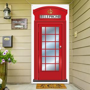 English Phone Booth Door Cover, Large Fabric Red Telephone Box Door Cover Home Jointed Phone Box Decor Banner for Photo Backdrop British International Themed Party Favors, 78.7 x 35.4 Inch