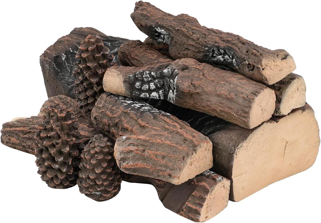 Skyflame 9-Pieces Ceramic Wood Logs with Pine, Faux Fireplace Logs for Gas Inserts, Fire Pits, Fireplace Decor