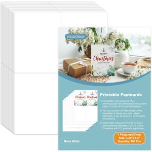 MaxGear Postcards Blank Printable Postcards Paper, Thank You Card for Laser and Inkjet Printer, Heavyweight Perforated Cardstock, 4 Printable Cards/Sheet, 100 Christmas Gift Cards, 4.25" x 5.5"