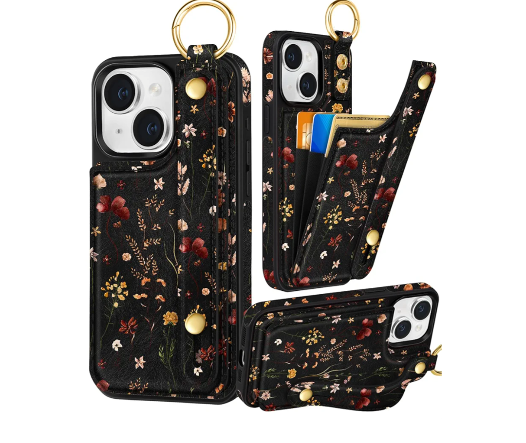 Petitian for iPhone 15 Case with Wallet - Women Girls Cute Girly Aesthetic Unique Design with Leather Credit Card Holder Cardholder Stand Wristband for Apple 15, Grow Flower