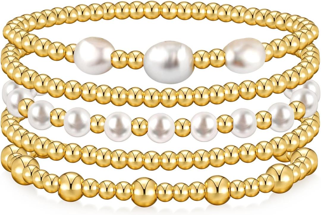 Gold Bracelets for Women Gold Bracelet Stack Pearl Beaded Bracelets for Women 14K Gold Plated Stretch Bead Ball Bracelet Sets Jewelry for Mother's Day Birthday Gifts
