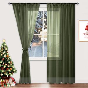 Hiasan Christmas Olive Green Sheer Curtains 84 Inches Long with Tiebacks, Light Filtering Voile Drapes Rod Pocket Window Curtains for Bedroom, Living Room, W52 x L84, Set of 2 Lightweight Panels