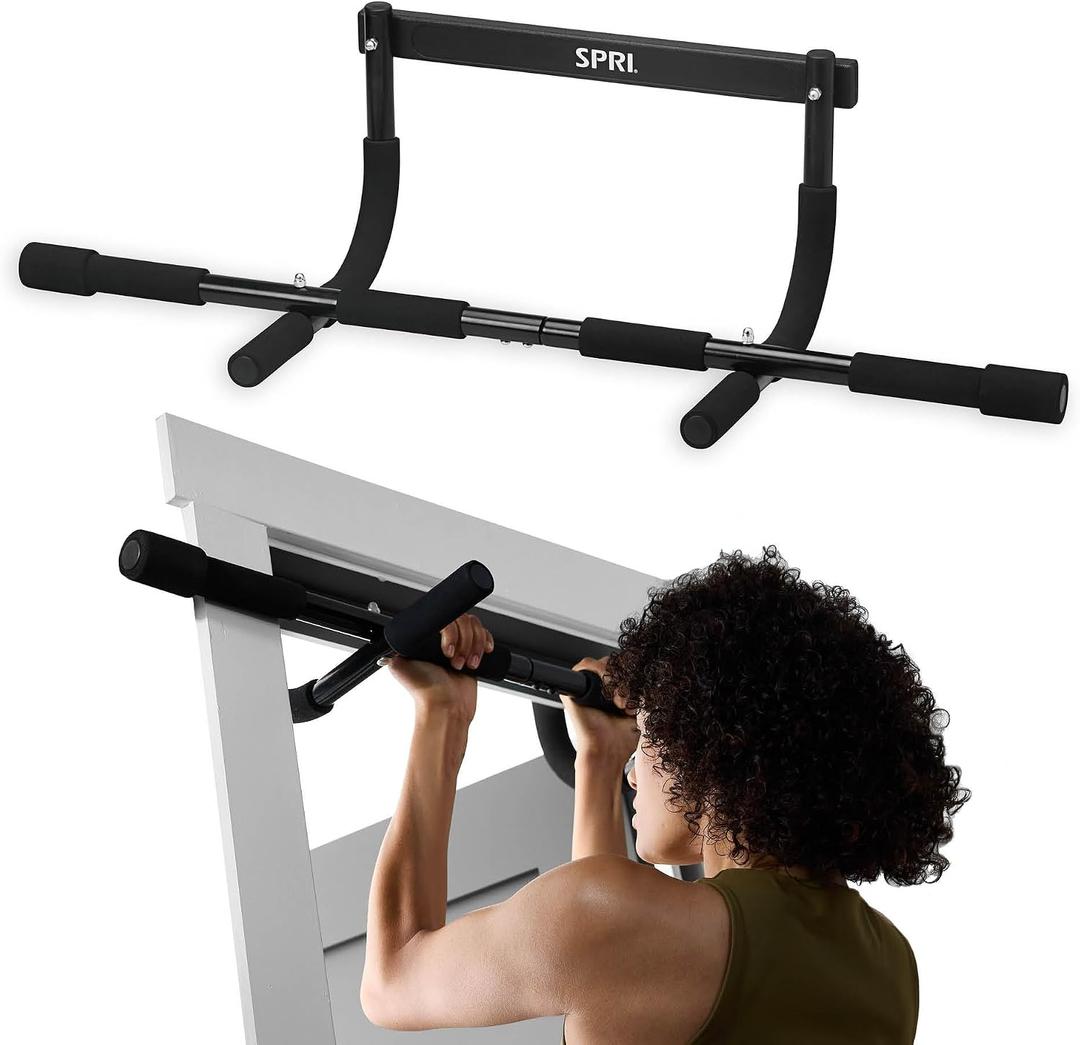 SPRI Pull Up Bar - 8-Grip and 12-Grip Door Frame Mounting Pull-Up Bar for Versatile Workouts - Rugged Steel Frame with Foam Handles - Supports 300 Pounds - Fits Door Frames Up to 32 in. Wide Black