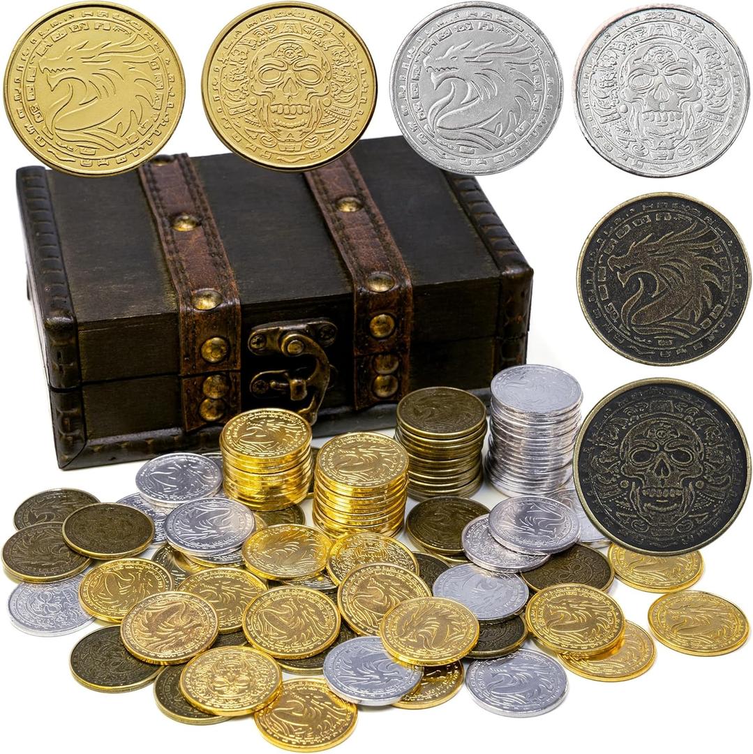 Metal Pirate Coins, 100 Pieces Lots of Toys Gold Coins for Board,DND Props Accessories, Treasures and Treasure chests Fantasy Dragon Coinsfor RPG Tablelap