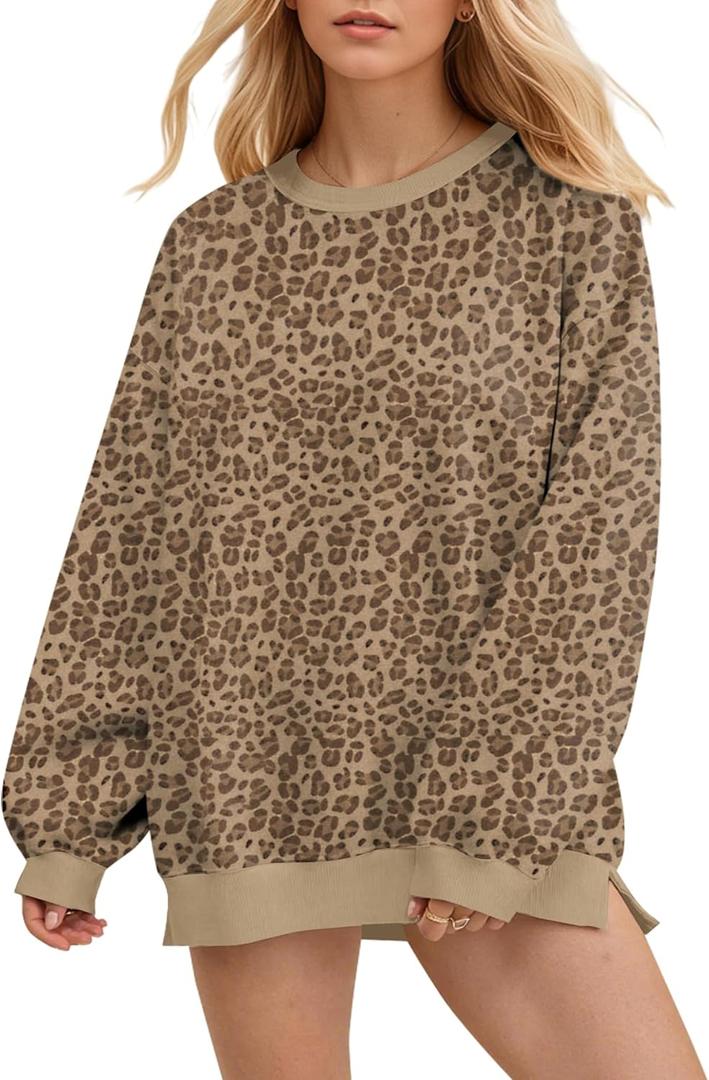 OLAPTA Women Leopard Sweatshirts Oversized Long Sleeve Cheetah Print Fleeced Pullover Tops Graphic Trendy Fall Clothes 2000s (XX-Large, Khaki)
