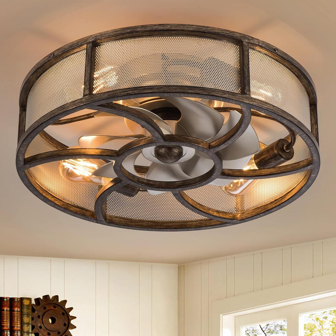 Caged Ceiling Fan with Light Remote Control, 21'' Low Profile Bladeless Enclosed Fan, 6 Speeds Reversible with 5 Bulbs, Rustic Farmhouse Ceiling Fan for Bedroom, Kitchen (Gold)