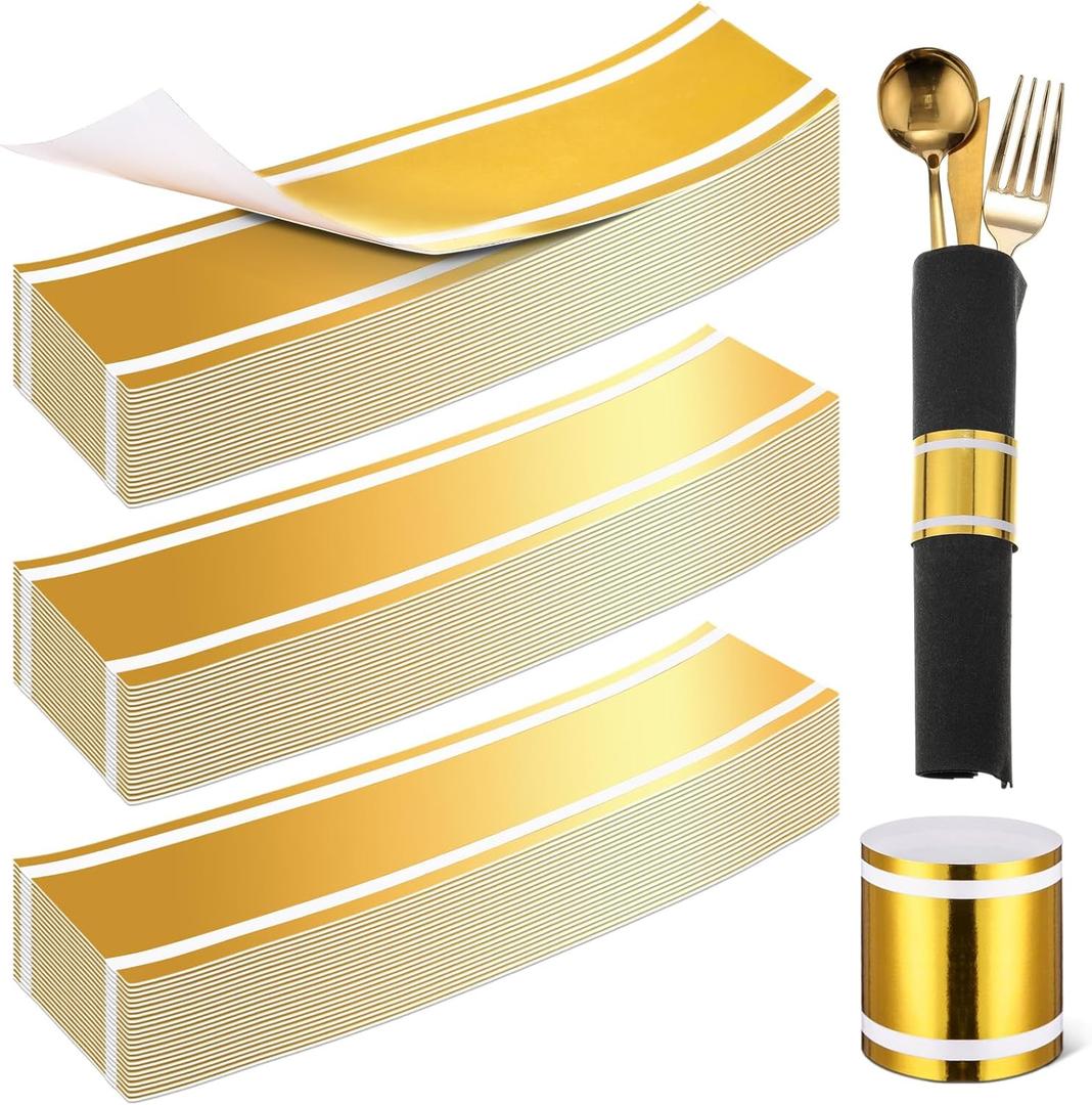 500 Pcs Gold Napkin Band Matte Gold Paper Napkin Rings Self Adhesive Disposable Napkin Rings Bulk Firm and Not Loose Wraps Bands Table Setup for Wedding Event Party Supplies