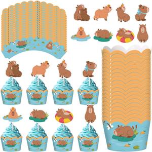96 Pcs Capybara Cupcake Toppers and Wrappers Cute Animal Cake Decorations Capybara Cupcake Picks and Liners for Baby Shower Birthday Party Supplies