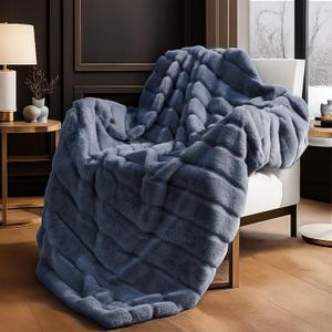 Cozy Bliss Deluxe Sheared Rabbit Faux Fur Throw Blanket, Soft Fuzzy High-Low Sculpted Plush Blanket for Couch, Cozy Home Accent, All Season Use, Blue 50"x60"