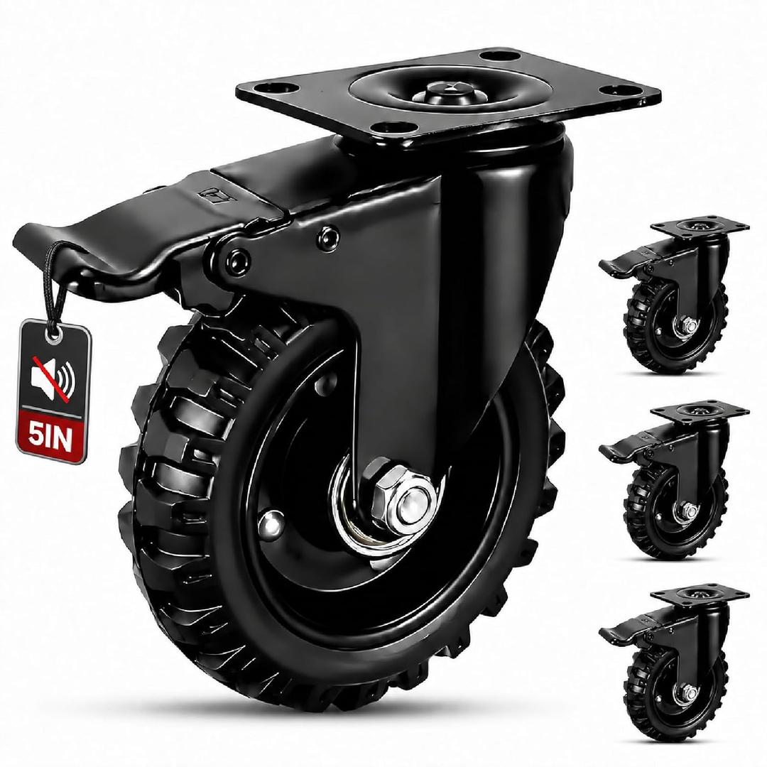5 Inch Black Heavy Duty Caster Wheels, Dual-Lock Brake, Non-Marking Quiet Rubber Tires, 600LBS Each, 2400LBS Total, 4 Pack Industrial Caster Wheels, Ideal for Workbench, Trolley and Cabinett
