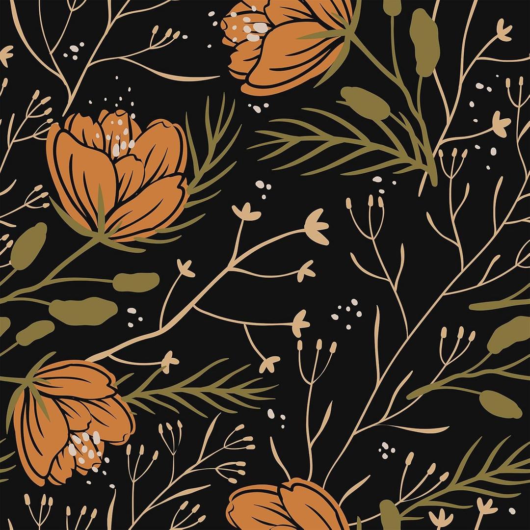 VEELIKE Black Floral Peel and Stick Wallpaper Boho Orange Floral Wallpaper for Bedroom Bathroom 17.7''x118'' Prepasted Removable Dark Botanical Wall Paper Flower Contact Paper for Cabinets Shelves