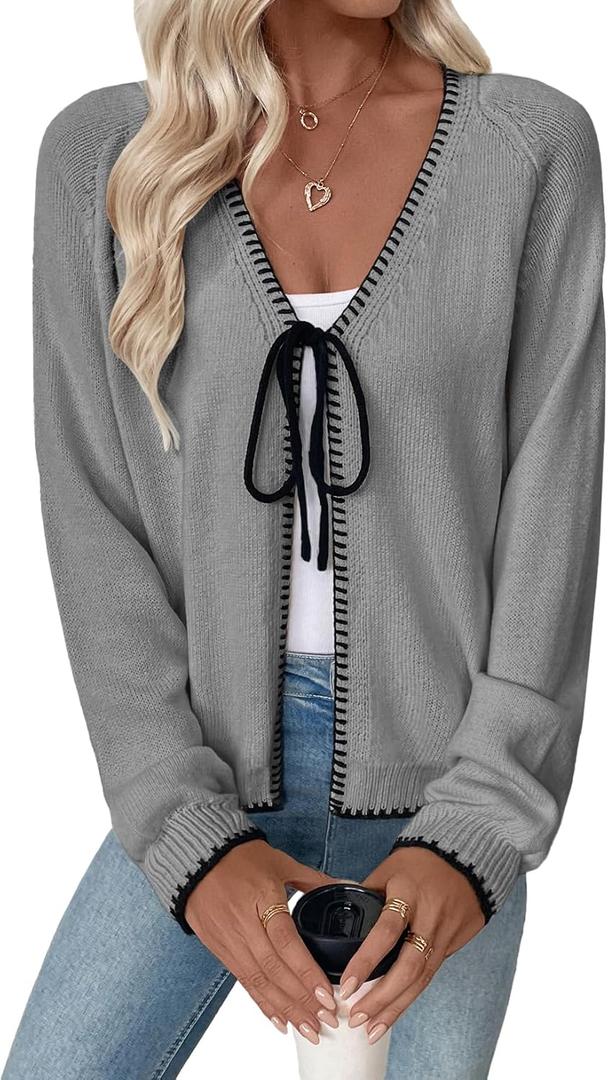 EVALESS Womens Cardigan Sweaters Trendy V Neck Long Sleeve Open Front Bow Tie Knit Chunky Lightweight Cardigans Fall Winter Outerwear Coats (Gray, XXL)