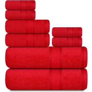 Casa Lino Bath Towel Set of 8 (2 Bath Towels, 4 Wash Cloths & 2 Hand Towels for Bathroom) - 100% Cotton - Highly Absorbent & Quick Dry - Guest Room Essentials for Bathroom Set - (Red)