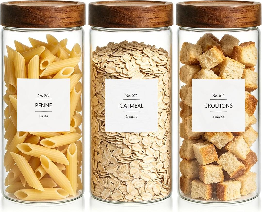KEYWING 46 fl.oz Glass Jars with Airtight Lids, Food Storage Jars 3Pcs | Clear Food Containers For Pantry Organization Kitchen Canister Set for Cookie Rice Sugar Snack Coffee Bean, with 126 Labels