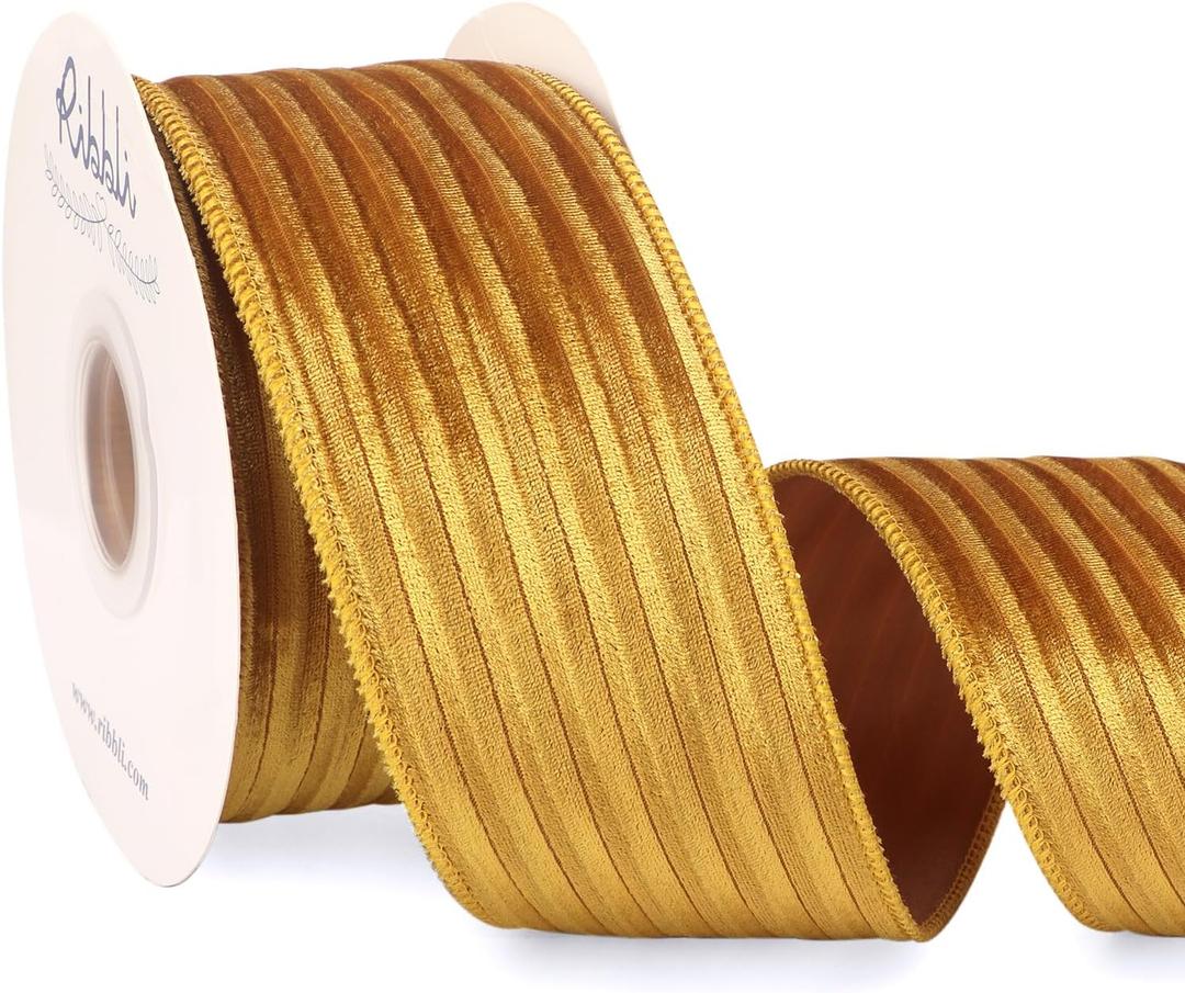 Ribbli Glossy Gold Velvet Wired Ribbon 2.5 Inch Striped Velvet Christmas Ribbon for Gift Wrapping Christmas Tree Decoration Crafts Wreaths Supplies-Continuous 10 Yards
