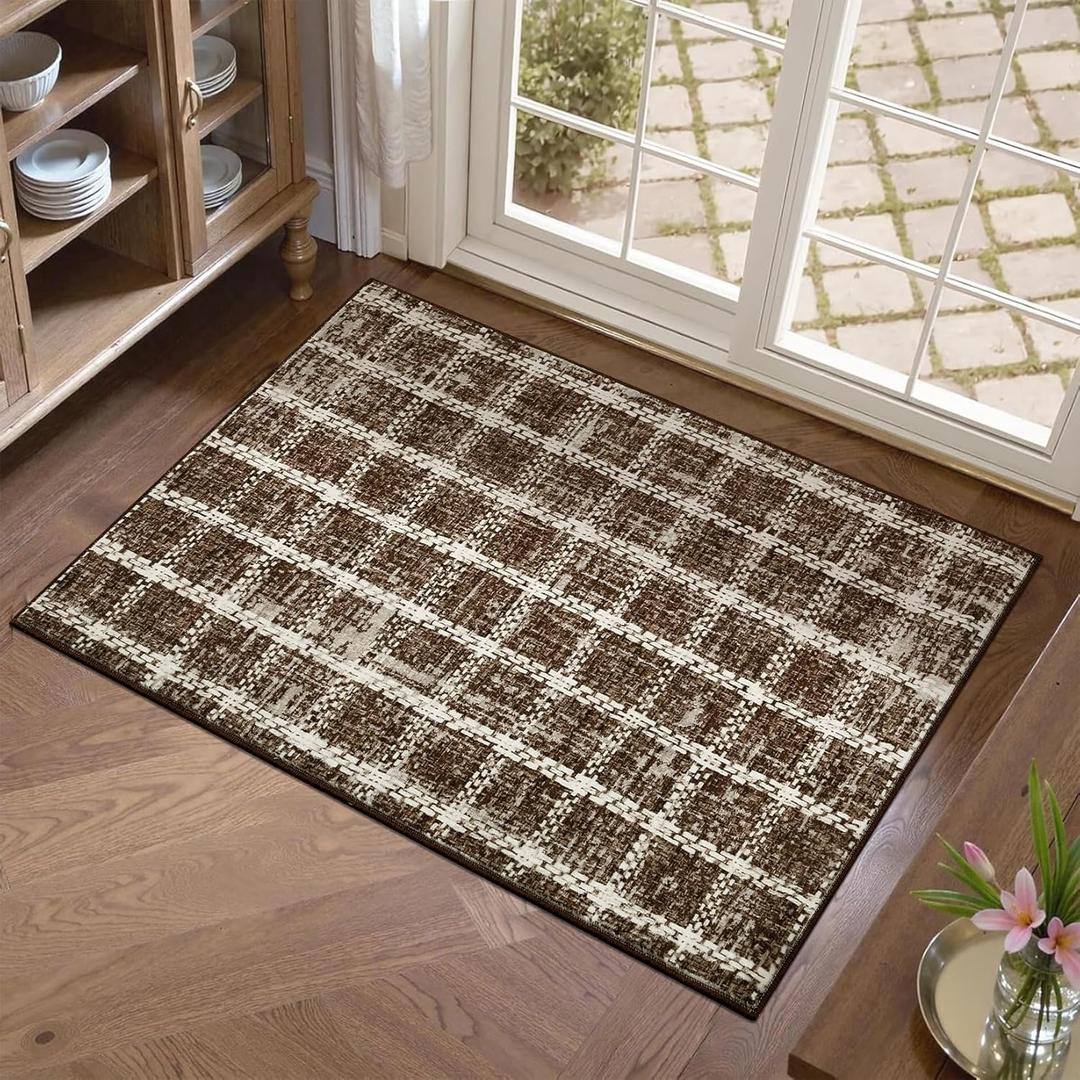 Door Mat Indoor Rugs for Entryway Checkered Small Rug 2x3 Washable Non-Slip Braided Geometric Print Soft Low-Pile Throw Carpet for Bedroom Kitchen Bathroom Entrance Tan Brown