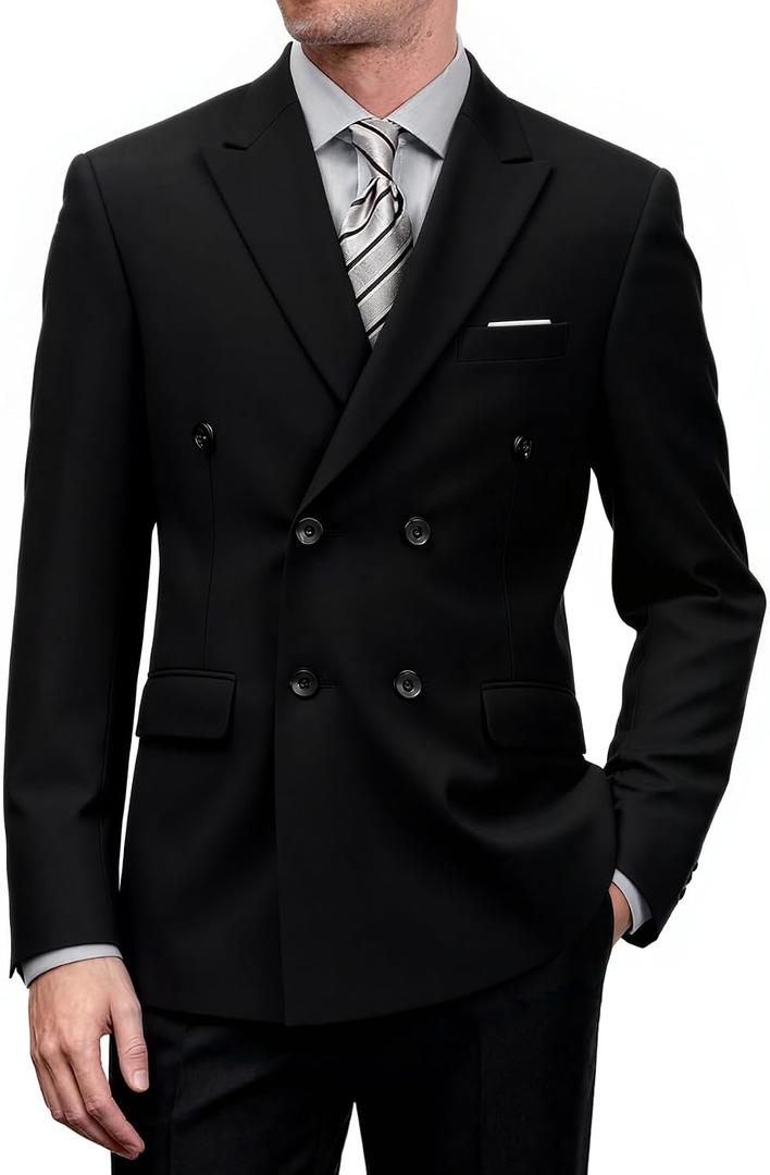 Men's Double Breasted Blazer Slim Fit Formal Sport Coat Jacket for Business Wedding (Black, M)