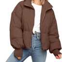 Women’s Winter Cropped Puffer Jacket Coat Casual Quilted Baggy Long Sleeve Zip Down Jackets Outerwear (Brown, S)