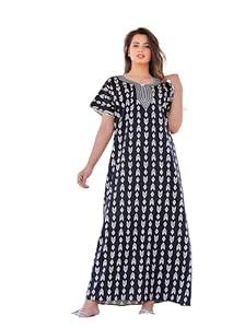 Mik & Misha Women's Cotton Printed Nighty Night Gown Maxi Free Size (Black)